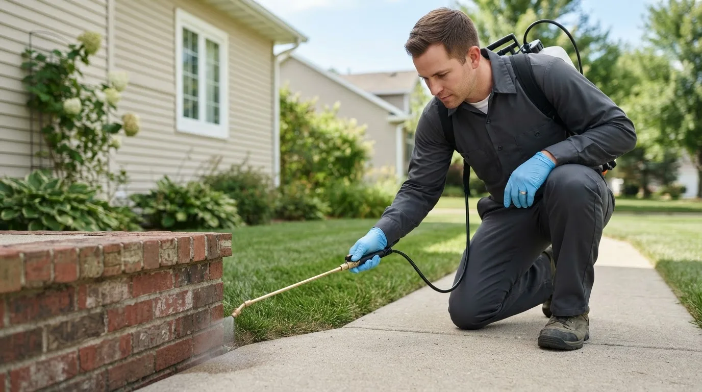 Pest control technician treating a home near Shawnee, KS